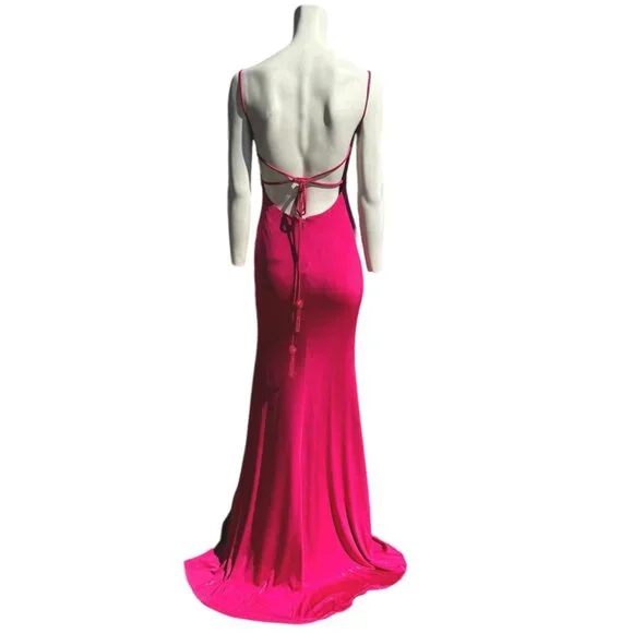 Jovani Shimmer Tassel Tie Open Back High Leg Slit Gown Pink Size 0 NWT